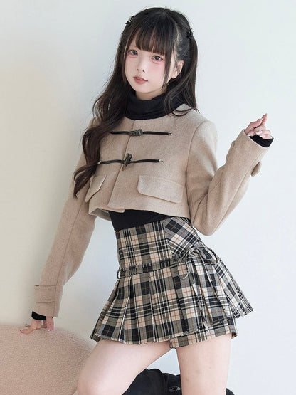 Coat Wool Kei Style Beige Blend Cropped Closures Pure Toggle Jirai with