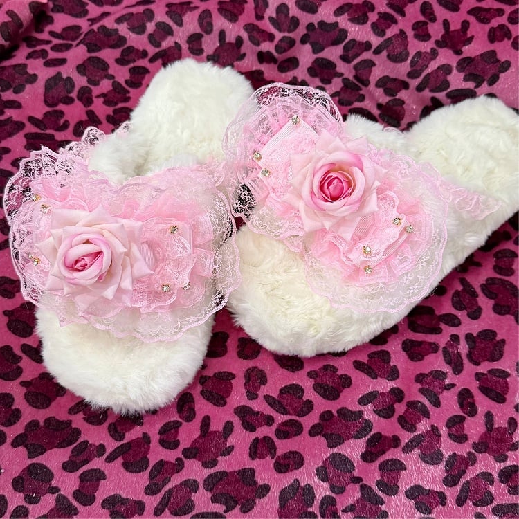 Fashion with Bow Slippers Plush Black/White Pink Gyaru Hime