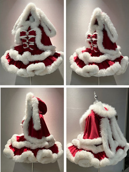 Christmas Red Winter Hooded Cape with Oversized Plush Bunny Ears