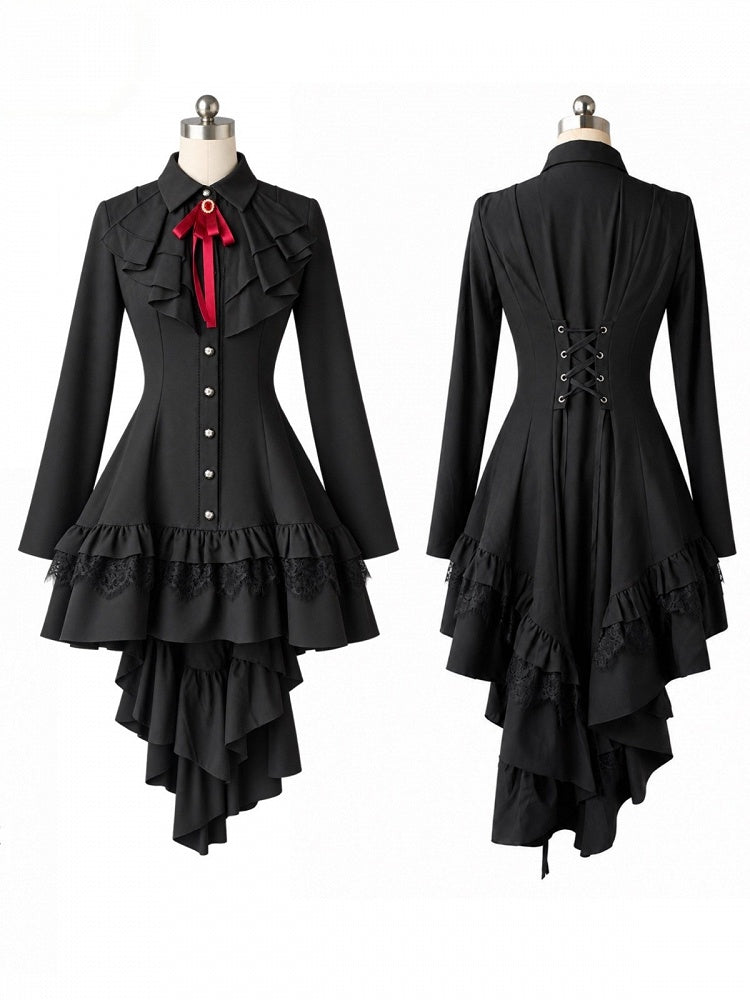 High-Low Ruffled Lolita Dress with Red Bow Tie, Long Sleeve Black for Autumn - muggle studio