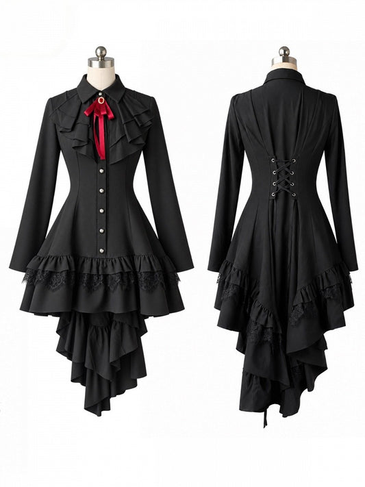 High-Low Ruffled Lolita Dress with Red Bow Tie, Long Sleeve Black for Autumn - muggle studio