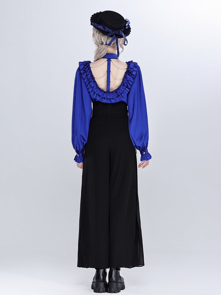 Deep Sea Blue Layered Ruffles V-neck Long Sleeves Shirt with Detachable Bead Chain Cutout Back - DevilInspired Exclusive Collection