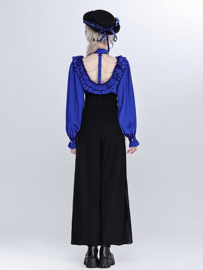 Deep Sea Blue Layered Ruffles V-neck Long Sleeves Shirt with Detachable Bead Chain Cutout Back - DevilInspired Exclusive Collection