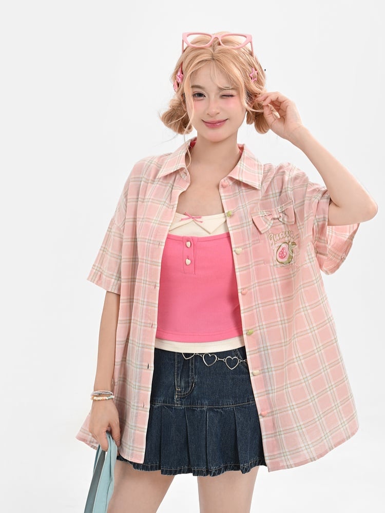 ピンクのグアバアップリケ付きセルフタイホルターネックトップフェイクツーピース