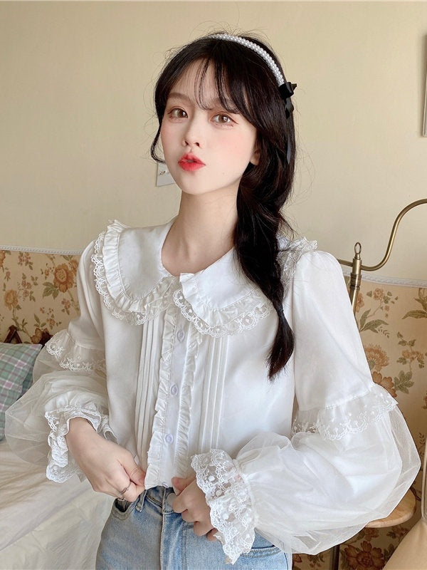 Puff Lace Trim Sleeve Long White Blouse Lolita
