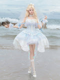 Wrist Head Veil Print Blue Choker + Fairy Dress JSK Ocean-themed Cuffs Lolita Corset