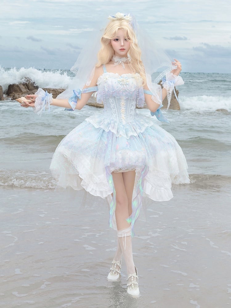 Wrist Head Veil Print Blue Choker + Fairy Dress JSK Ocean-themed Cuffs Lolita Corset
