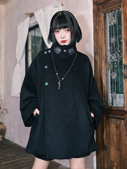 Cape Placket Banded Black Gothic Coat Button - Embroidery Collar Goldfish Single-breasted