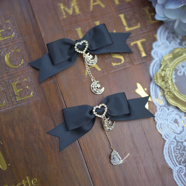 5 Bowknot Hairclips Charm Moon Rhinestone Colors with Teardrop Jirai Kei