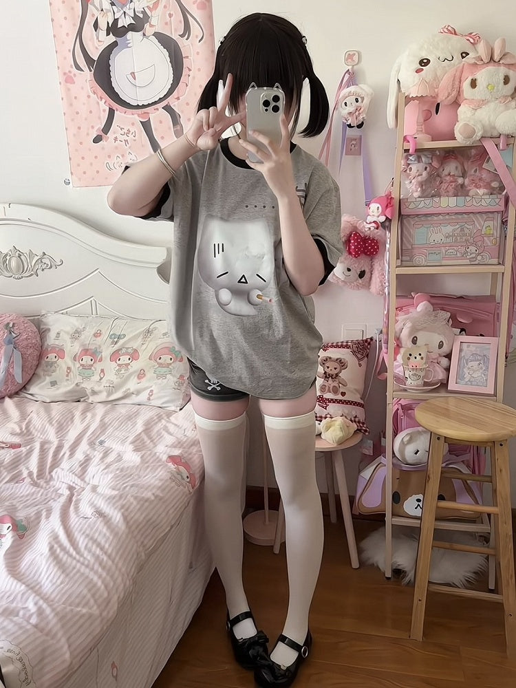 Gray Crewneck T-shirt Sighing with Print Cat Cotton