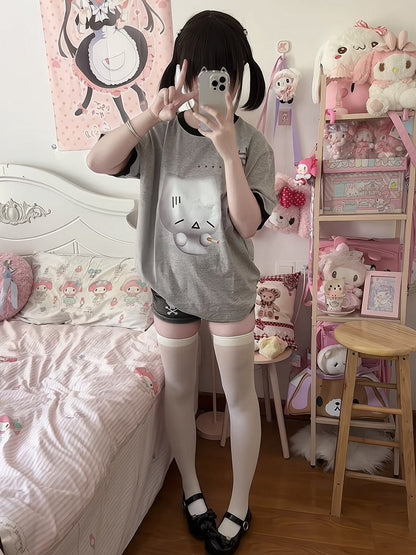 Gray Crewneck T-shirt Sighing with Print Cat Cotton