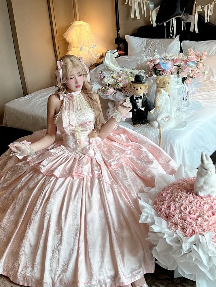 Accents Pink Floral Tie Gown Halter Satin Neck Ball and with