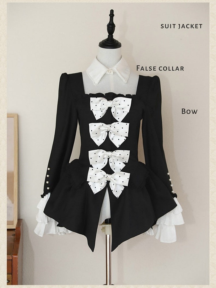 Retro Black Blazer & Polka Dot Skirt Ensemble with Bow Accents and Detachable Collar - Charing Cross