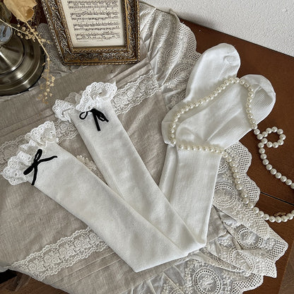 Bowknot Trim Knee Stockings Gray/White Light Over Lace