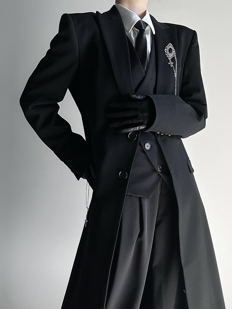 Black Structured Long Trench Coat with Notch Lapel