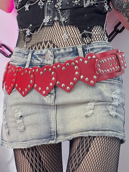 Punk Waist Studs Red Design Heart Y2K PU Belt