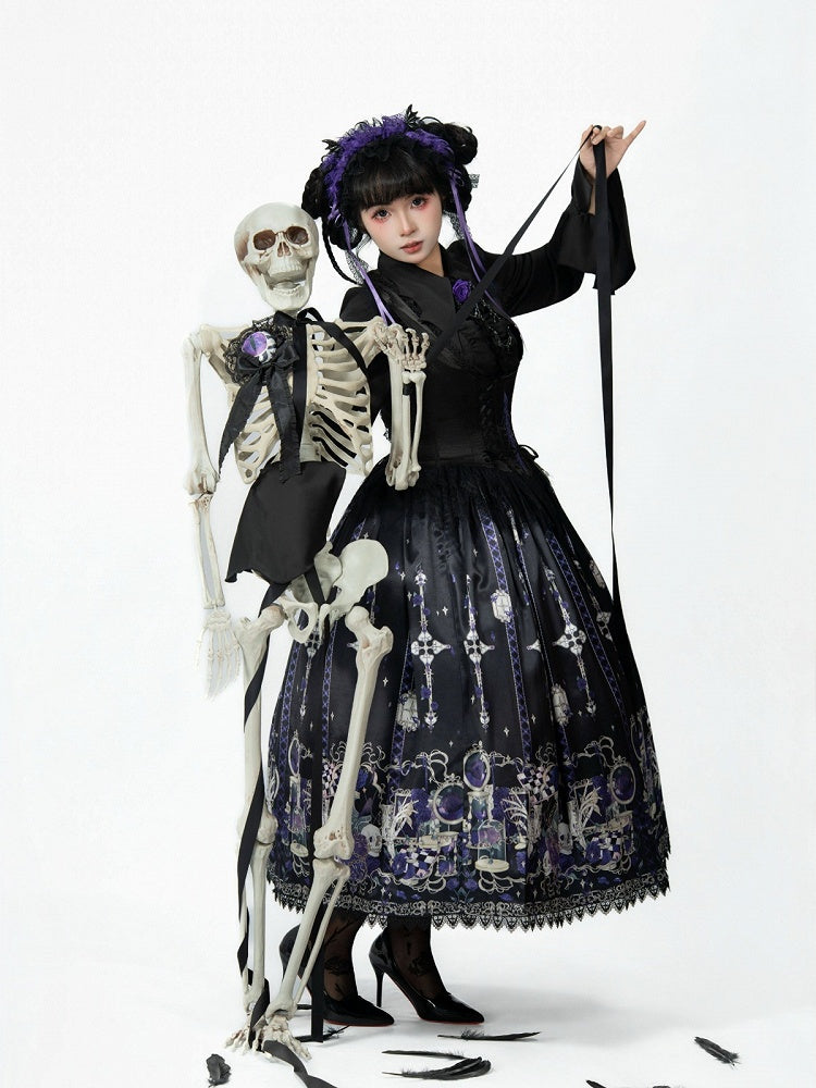 Purple Rosette and Skull Print Gothic Lolita Corset Under Bust JSK Dress - Sweetheart Love Song