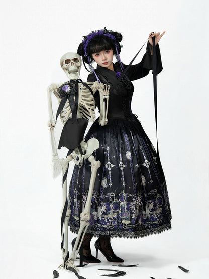Purple Rosette and Skull Print Gothic Lolita Corset Under Bust JSK Dress - Sweetheart Love Song