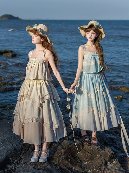 Beige Lace Top & Skirt Set with Brooch & Hat - With PUJI