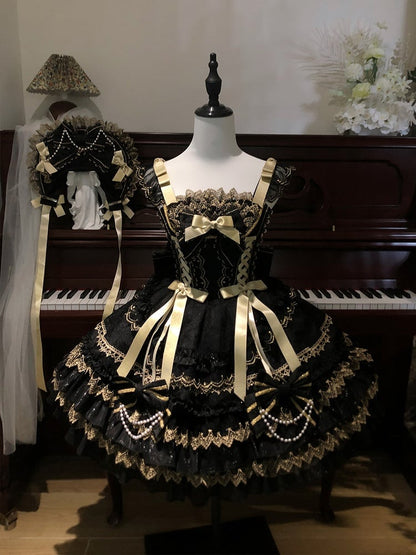Perlen Schwarz Prinzessin Verziert Kleid Schleifen Lolita Stufenrock Kette
