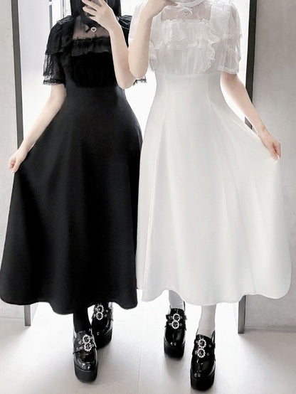 Jirai Kei Schwarz/Weiß Illusion Taille Ausschnitt Rüschen Hohe Spitze Kleid Trim