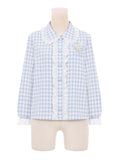 Little Penguin Blue Plaid Long Sleeves Blouse Lace Trim