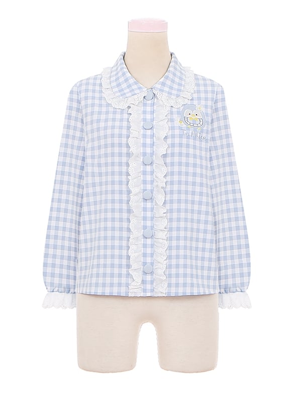 Little Penguin Blue Plaid Long Sleeves Blouse Lace Trim