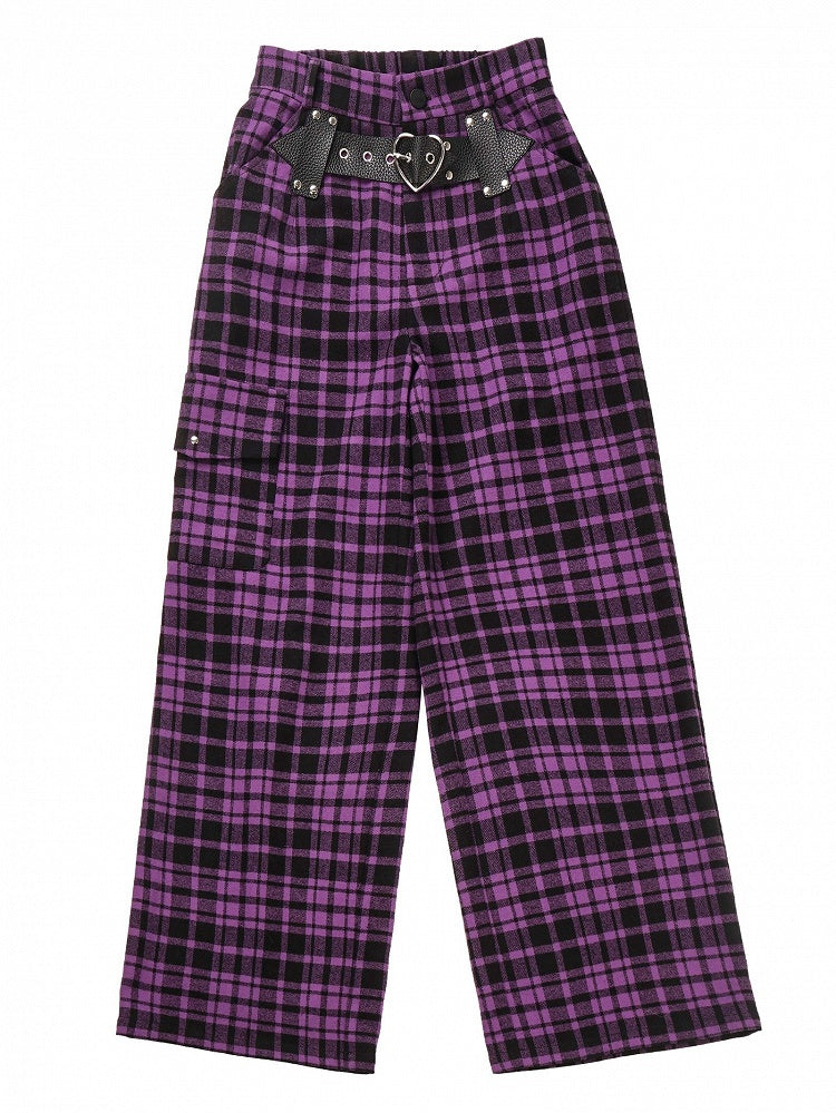 Purple Plaid Pants Heart Buckle Pattern Trendy - PINK SAVIOR