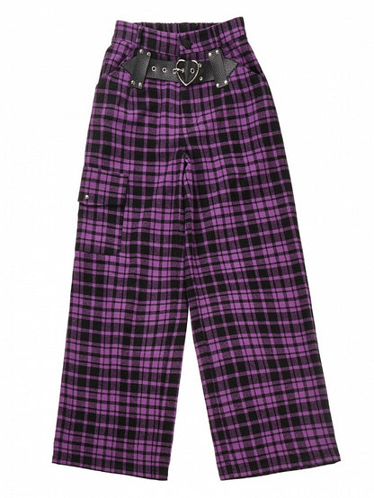 Purple Plaid Pants Heart Buckle Pattern Trendy - PINK SAVIOR