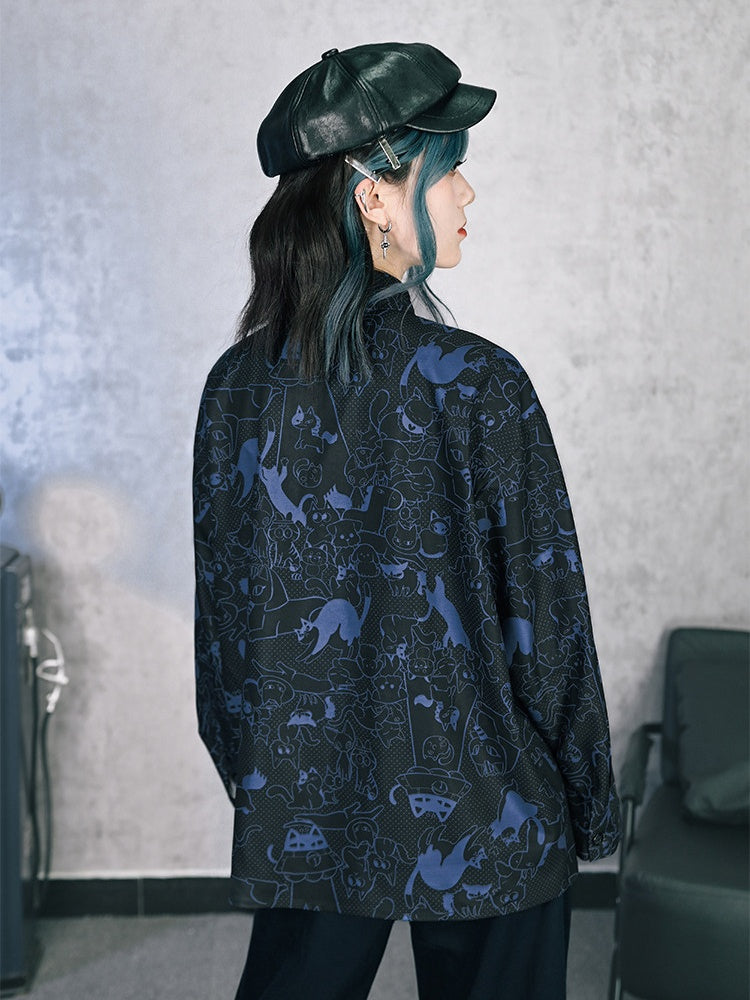 Kitty Print Black Long-Sleeve Shirt with Shell Buttons - Quirky Hut