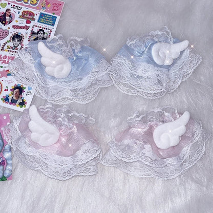 Decorated Plush Cuffs Wrist Wing Jirai Blue/Pink Lace Trim Kei