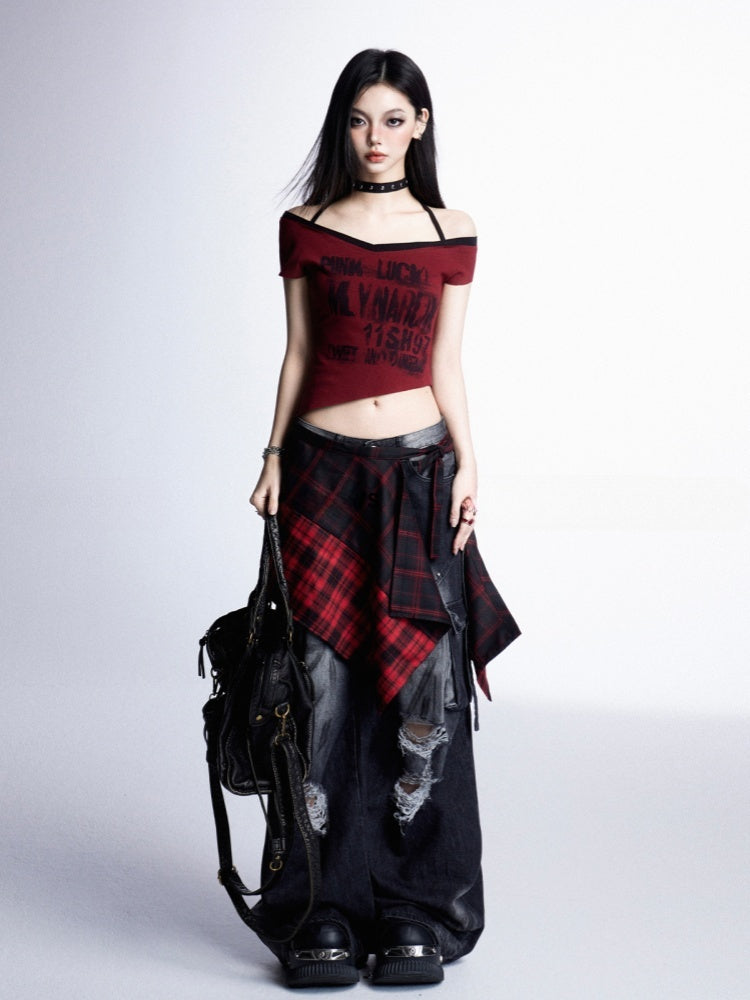 Asymmetrical Graphic Halter Neck Cropped Neckline T-shirt Punk Red Rock with Y2K Hem