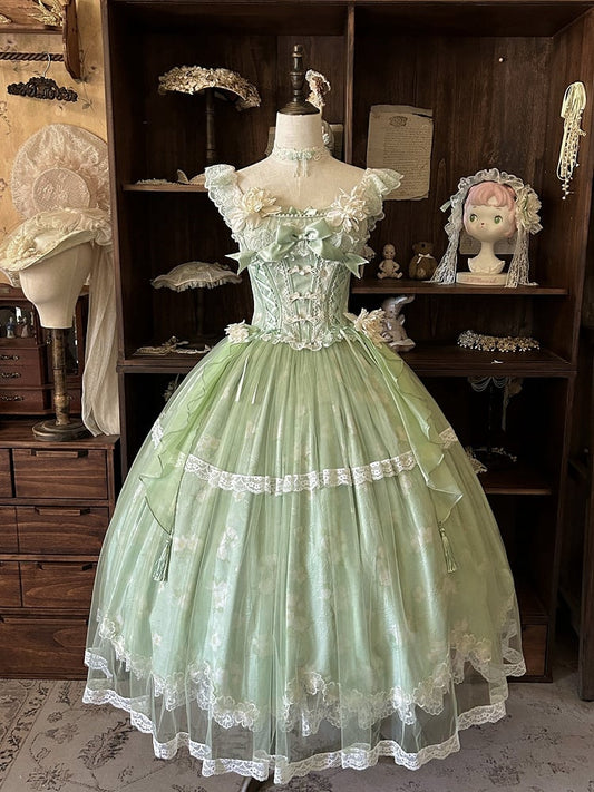 Version Long Floral + Lolita Green Top Frog Skirt with Jasmine-Embellished Buttons Corset Print