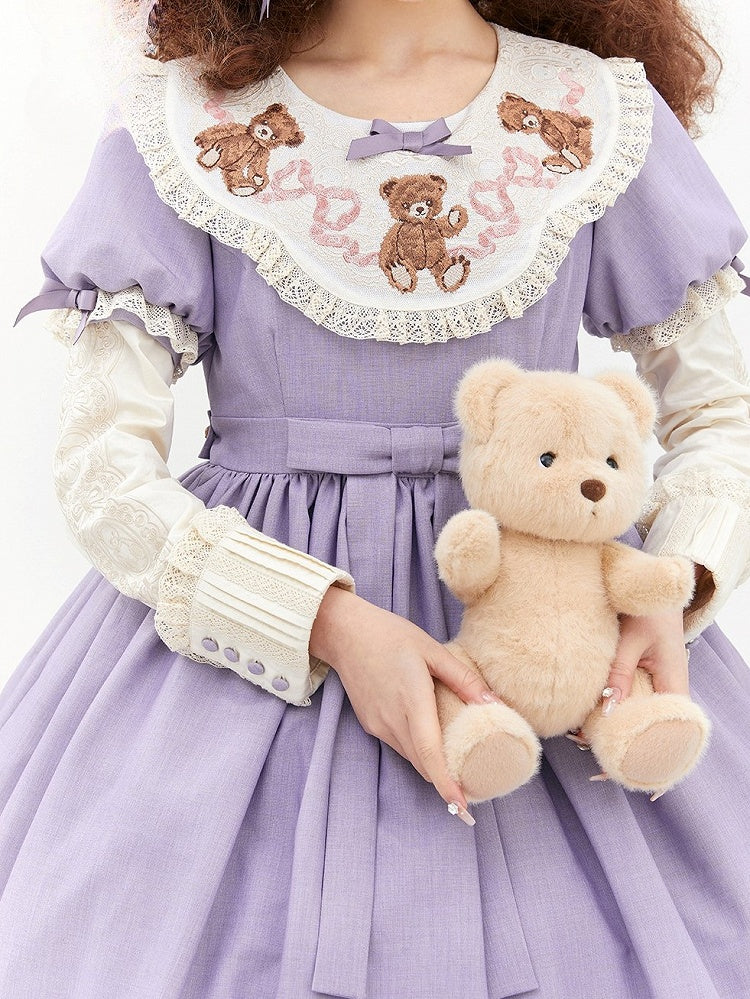 Sweet Lolita Lace Neckline Teddy Purple Sleeves Bear Embroidered Puff Trim Dresswith