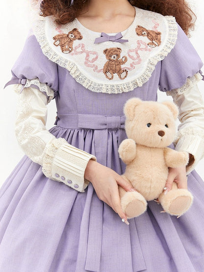 Sweet Lolita Lace Neckline Teddy Purple Sleeves Bear Embroidered Puff Trim Dresswith
