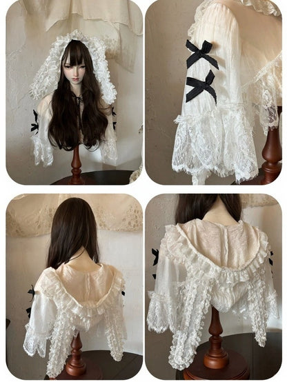 White Flutter Sleeve Petal Hem JSK with Bunny Hood & Lace Skirt Ensemble