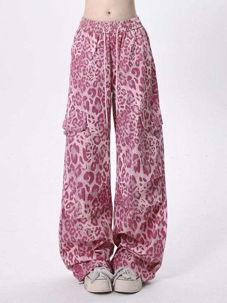 Waist with Cargo Drawstring Pants Print Gyaru Straight-Leg Leopard Pink