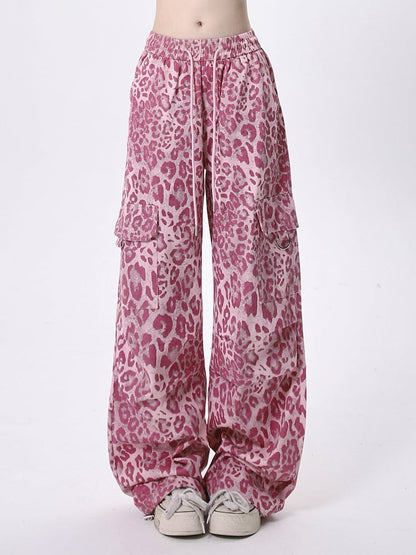 Waist with Cargo Drawstring Pants Print Gyaru Straight-Leg Leopard Pink