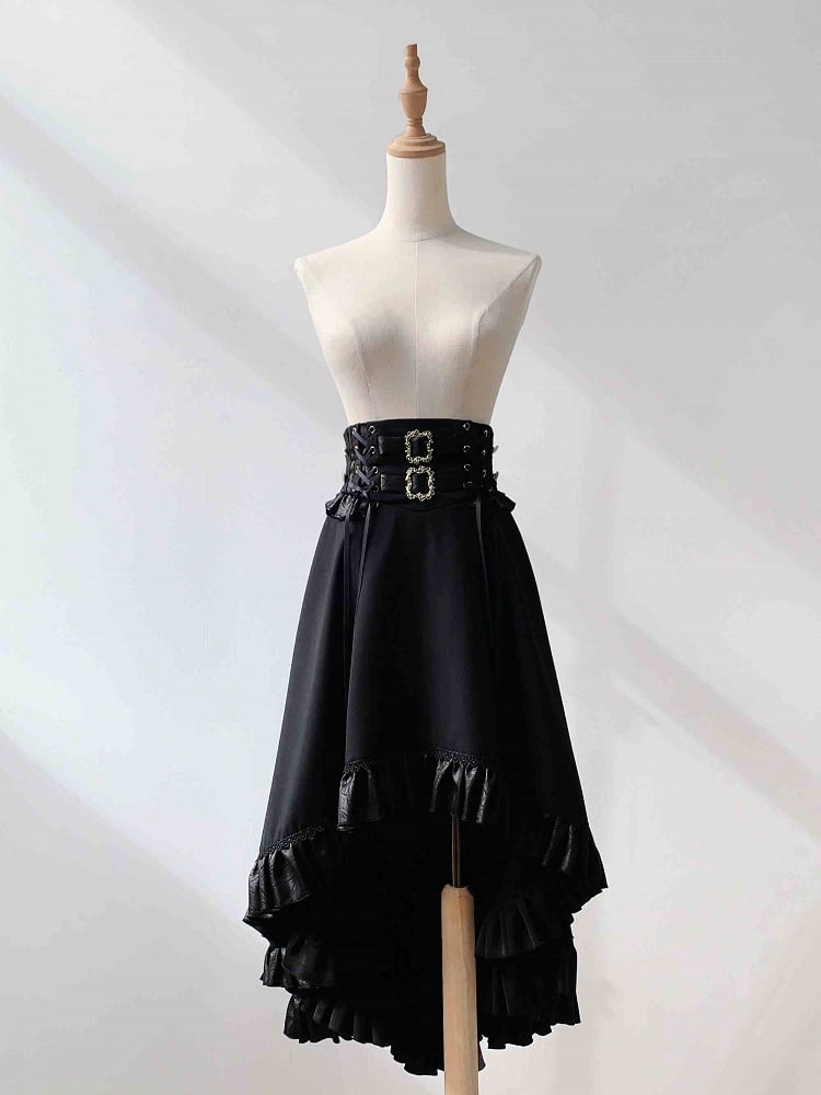 Black High Waist Gothic Lolita Cascading Ruffle High-low Skirt