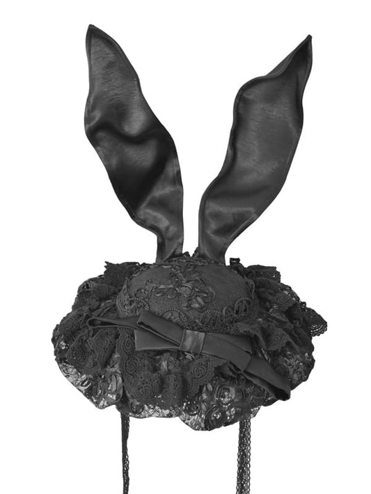 Vintage Ears Lace Bow Decorated Bunny Hat Black