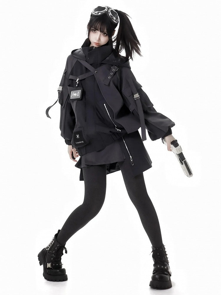 ブラックバックルストラップサイバーパンクスカート