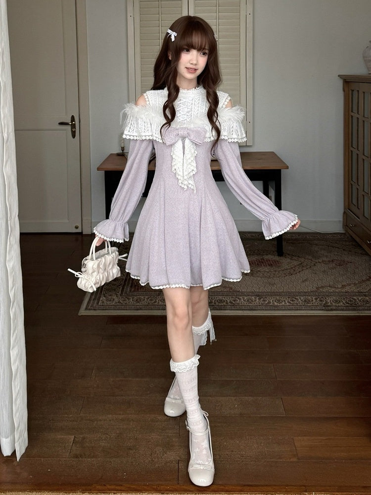 Seiso-kei Cutout Shoulder Long Sleeve Knit Dress in Purple with Feather and Lace Trim - LA LA JK