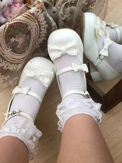 Mary Accents Bow White PU Delicate - Heel Lolita Janes with Sweet Low/Mid