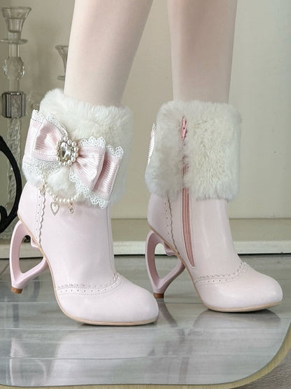 Sakura Pink Plush Boots - Cuff Heel Heart