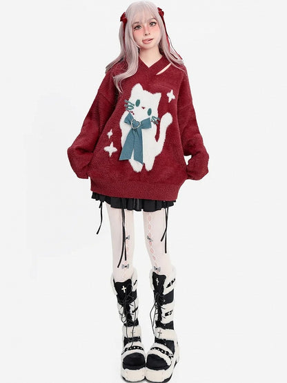 クリスマスレッドキャットリボンVネックソフトセーター