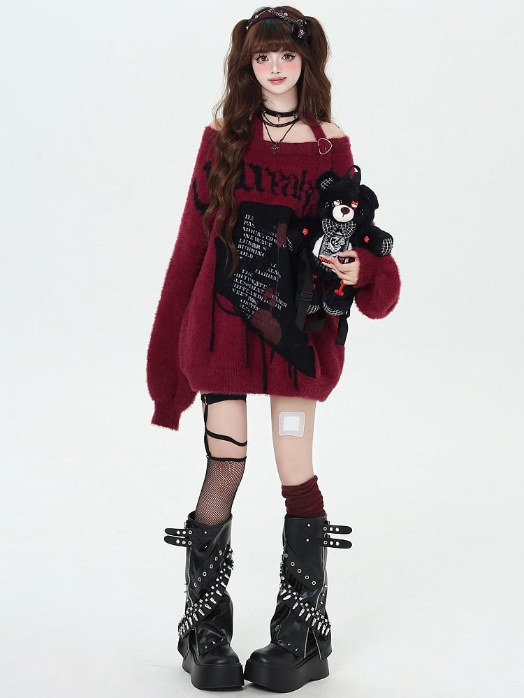 Black/Wine Red/Purple Letter Graphic Halter Neck Loose Sweater