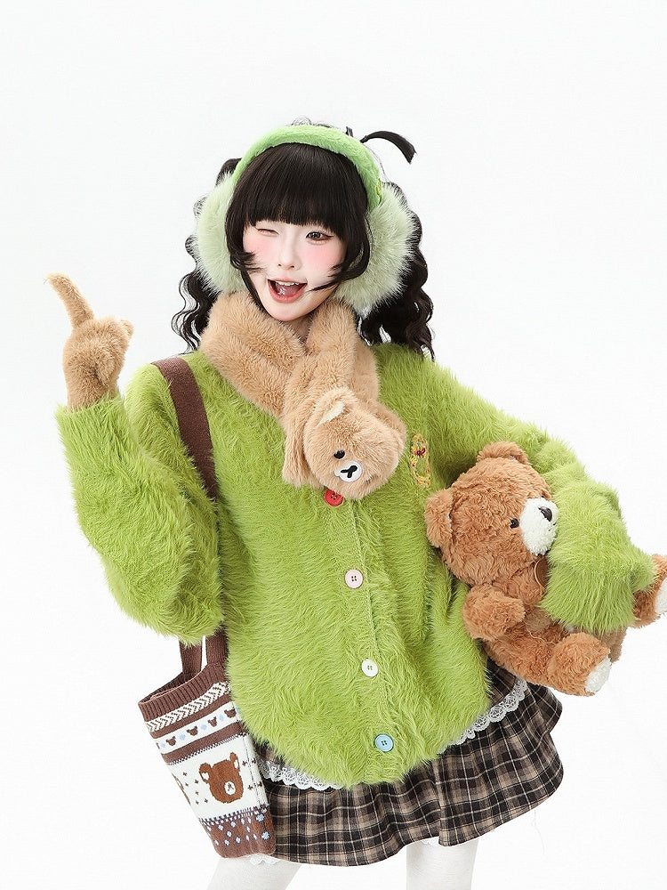 Buttons Colorful Daily V-neck Kawaii Green with Design Bunny Cardigan