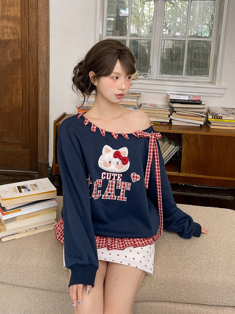 Red Asymmetrical Neckline Kitty Embroidery Applique Navy Plaid Self-tie Sweatshirt Straps at Blue