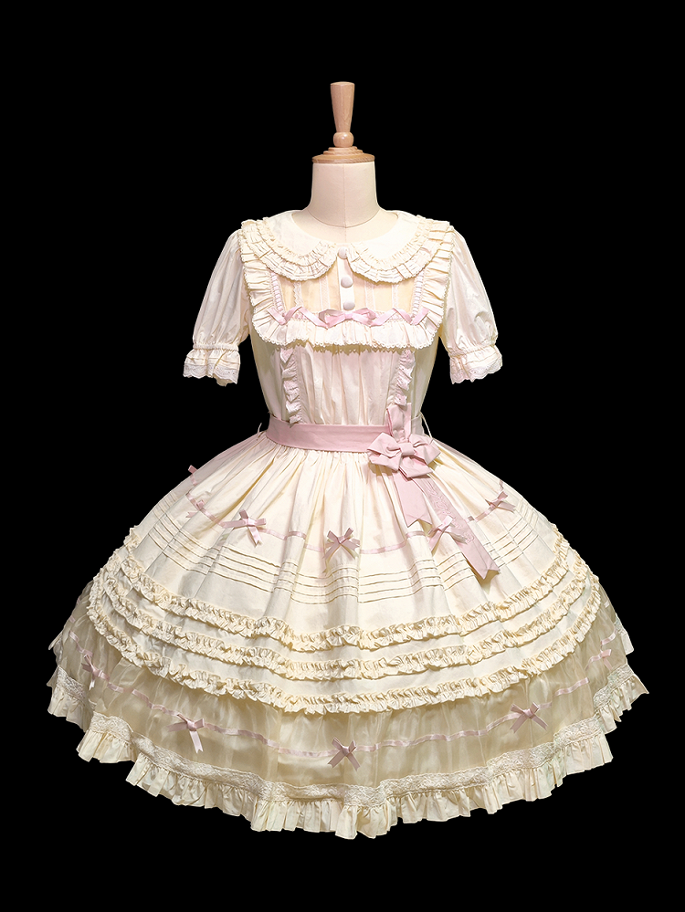 Lolita Pink Beige Peter Kleid Baumwolle Schleife und Kragen Akzente Pan