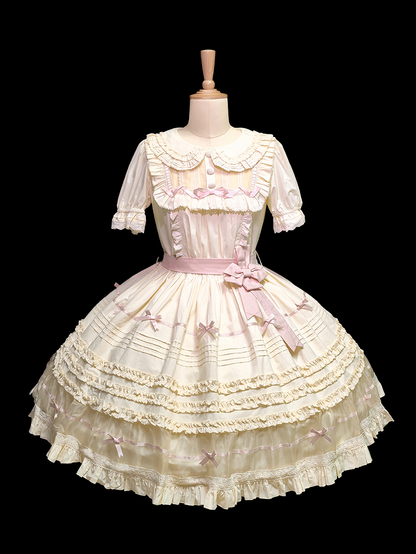 Lolita Pink Beige Peter Kleid Baumwolle Schleife und Kragen Akzente Pan